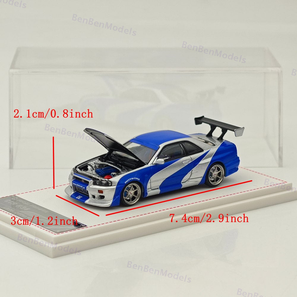 1/64 FH Nissan Skyline R34 GTR Silver Blue Diecast Model Car Limited Collection