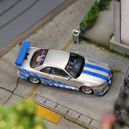 Mega Mega 1:64 GT-R R34 FNF Silver Blue Movie Version Open Hood Diecast Model Car