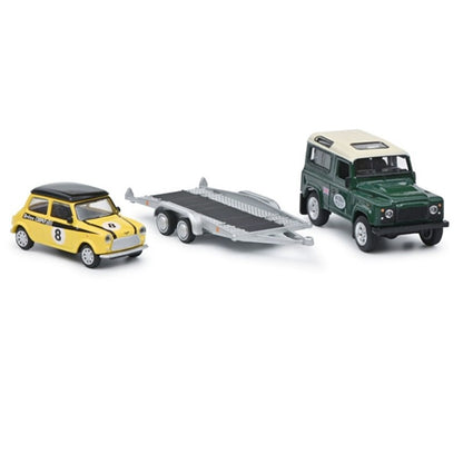 Schuco 1:87/1:64 British Racing Model for Defender + Mini Cooper Trailer