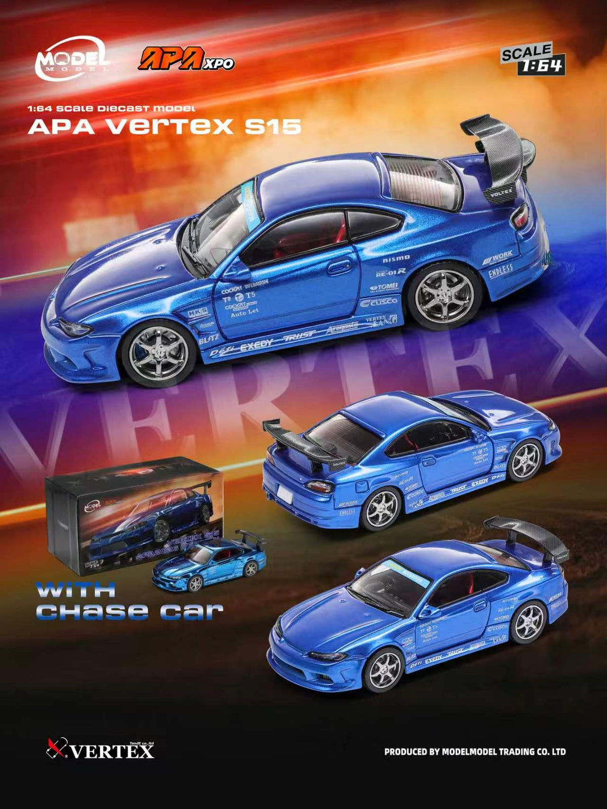 Model Model 1/64 Silvia S15 Vertex Blue APAXPO Foshan Exhibition Edition Limited Diecast Model Car