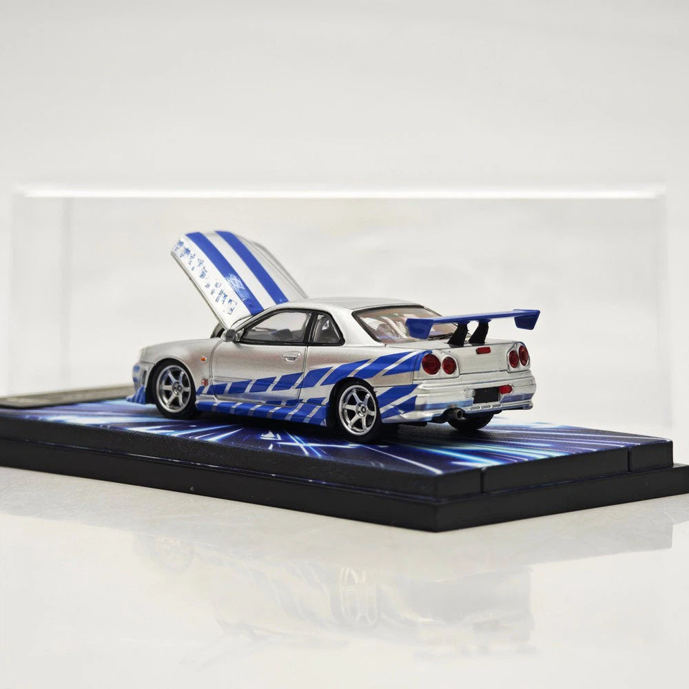 Mega Mega 1:64 GT-R R34 FNF Silver Blue Movie Version Open Hood Diecast Model Car
