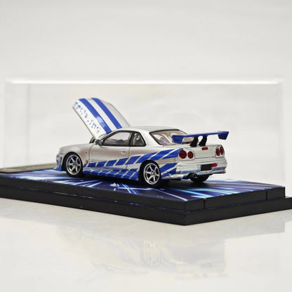 Mega Mega 1:64 GT-R R34 FNF Silver Blue Movie Version Open Hood Diecast Model Car