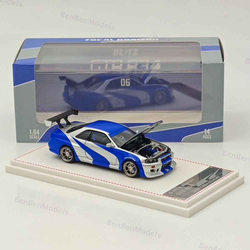 1/64 FH Nissan Skyline R34 GTR Silver Blue Diecast Model Car Limited Collection