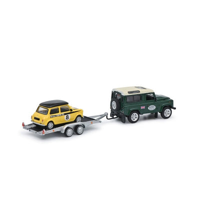 Schuco 1:87/1:64 British Racing Model for Defender + Mini Cooper Trailer