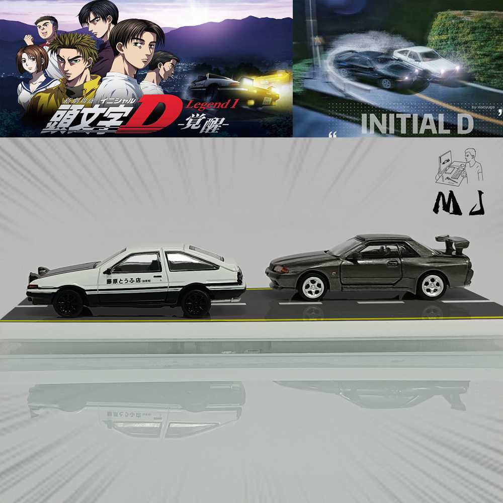 MJ 1:87 Initial D Toyota AE86 &amp; Nissan GTR32 Modèles miniatures en plastique Jouets Voiture Hobby Collection Cadeaux