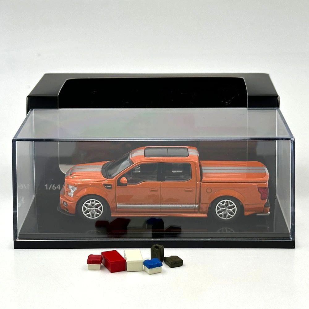 Funny Model 1/64 F150 Shelby Super Snake Pickup Truck Orange Silver Stripes Diecast Model Car with Accessories