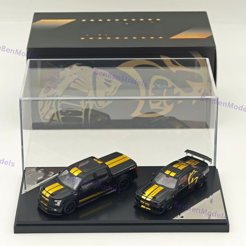 GT SHOW 1:64 Shelby F150 & Hellcat Black/Gold "American Power" livery Diecast Metal Limited Edition