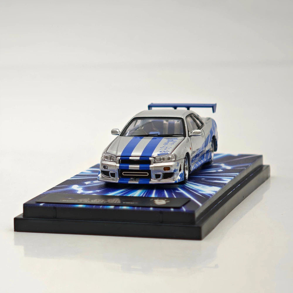 Mega Mega 1:64 GT-R R34 FNF Silver Blue Movie Version Open Hood Diecast Model Car