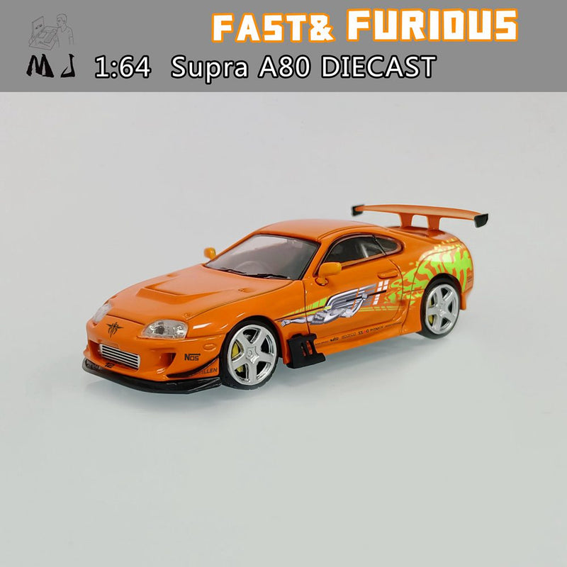 Pre-sale MJ 1:64 Toyota Supra A80 Customized The Fast and the Furious Diecast Toys Car Models Miniature Hobby Collection Gifts Orange