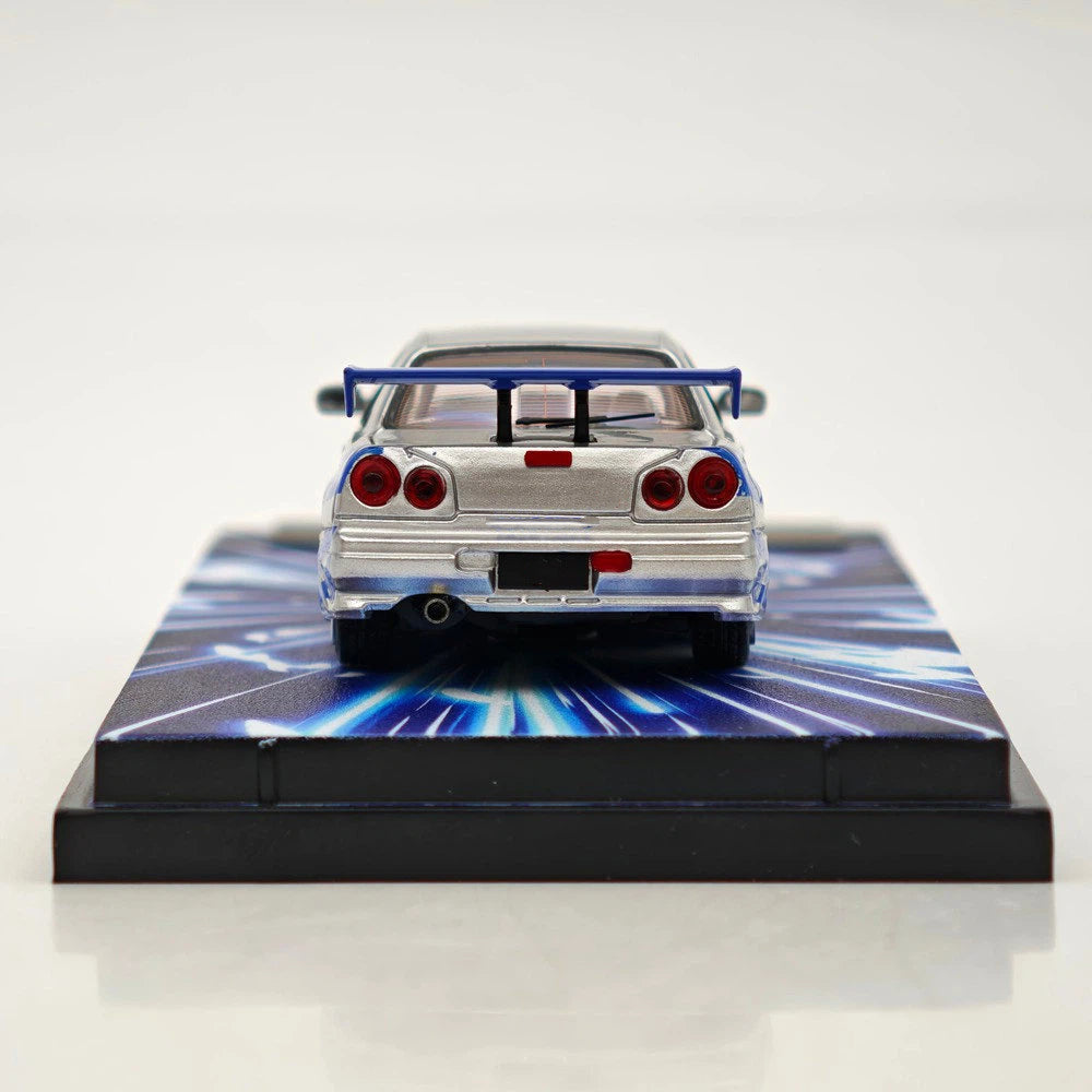 Mega Mega 1:64 GT-R R34 FNF Silver Blue Movie Version Open Hood Diecast Model Car
