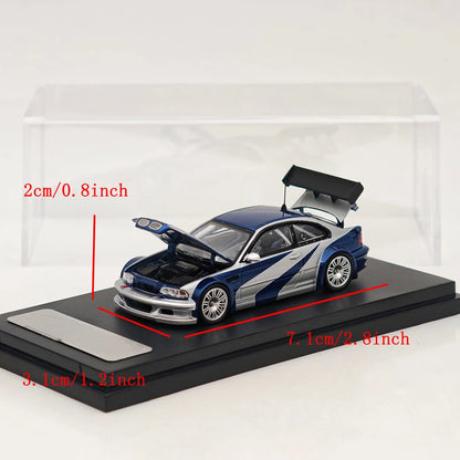 Prévente Ghost Player 1:64 E46 M3 GTR NFS Argent/Bleu Capot/Coffre Ouvrables Voiture Miniature Moulée Sous Pression Collection Limitée