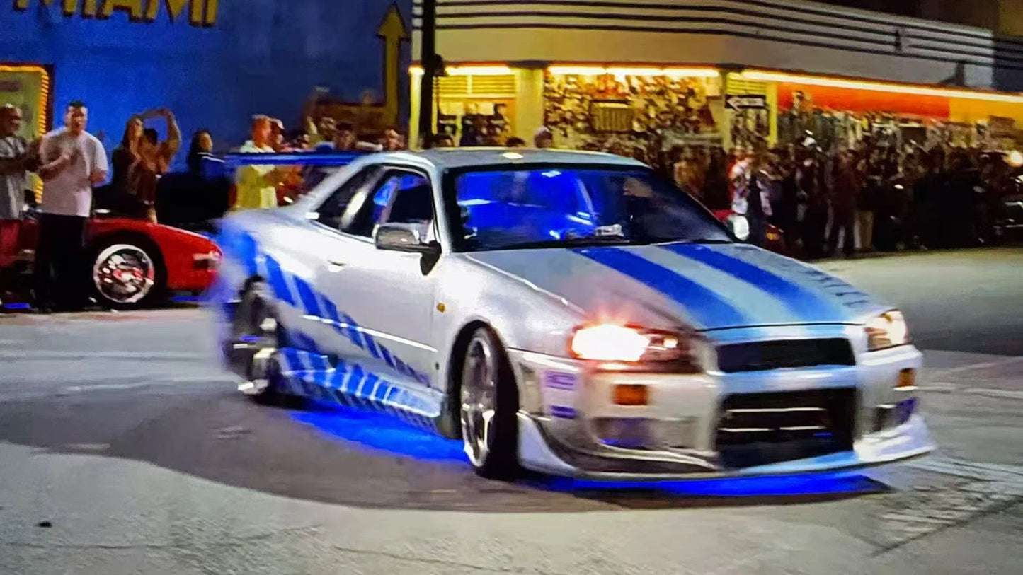 Mega Mega 1:64 GT-R R34 FNF Silver Blue Movie Version Open Hood Diecast Model Car