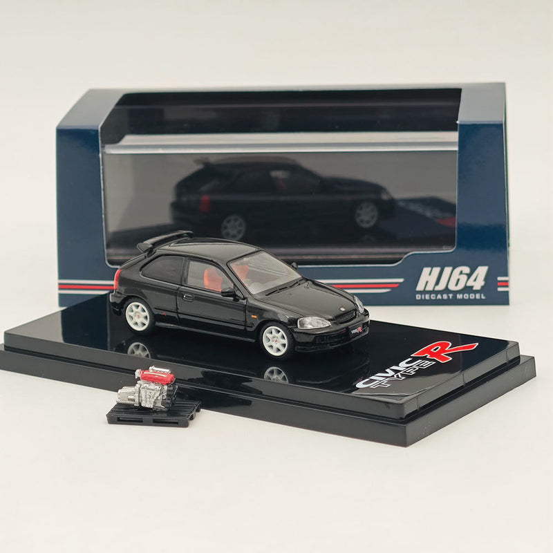 Hobby Japan 1:64 Honda CIVIC TYPE R (EK9) 1997 Starlight Black Pearl with Engine HJ643016ABK Diecast Car Model Collection