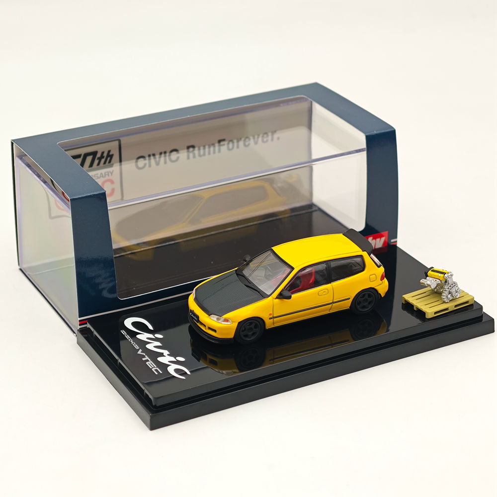 Hobby Japan 1/64 Honda CIVIC (EG6) JDM Style Customized Version With Engine Display Model Yellow HJ642017AY Diecast Models Car Collection(Ships from the United States)