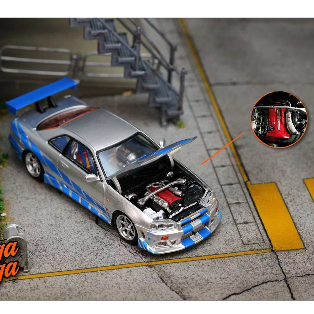 Mega Mega 1:64 GT-R R34 FNF Silver Blue Movie Version Open Hood Diecast Model Car