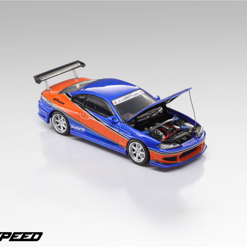 Pre order Fast Speed 1:64 Silvia S15 Mona Lisa Speed Orange Blue Coating FNF Front Cover Openable Diecast Model Car